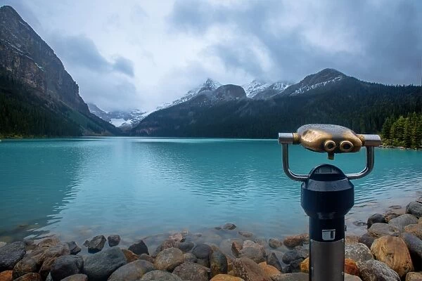 View of Lake Louise with a Telescope in the Foreground, Alberta, Canada