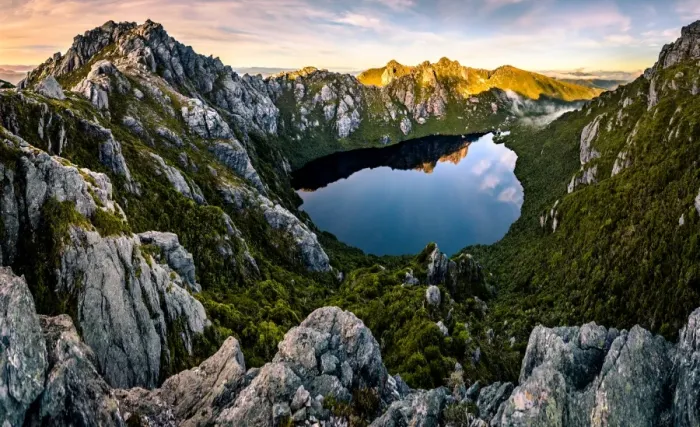 Framed Print : View of Lake Uranus from Pegasus South in Western Arthurs, Southwest Tasmania