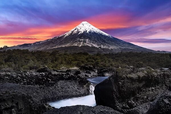 View of Petrohue Falls (Saltos del Petrohue) and Osorno Volcano in the Background, Vicente Perez Rosales National Park, Patagonia, Chile, South America
