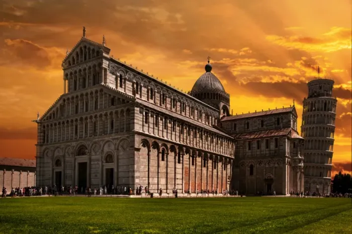 Framed Print : View of Pisa Cathedral with the Leaning Tower of Pisa in Piazza dei Miracoli, Tuscany, Italy