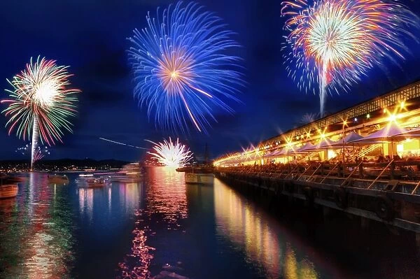 View of Princes Wharf and Fireworks From Franklin Wharf, Dockside Salamanca, Hobart, Tasmania, Australia