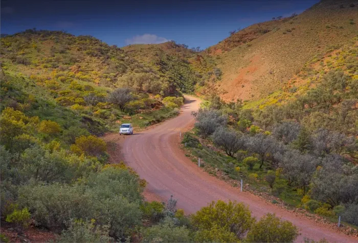 Framed Print : A view of the remote and rugged countryside near Blinman on the Parachilna Gorge road in the Spring. Southern Flinders Ranges, south Australia