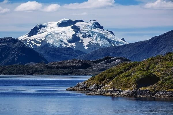 View of Snow Capped Mountain at Peel Fjord, Sarmiento Channel, Magallanes and Chilean Antarctica Region, Chile