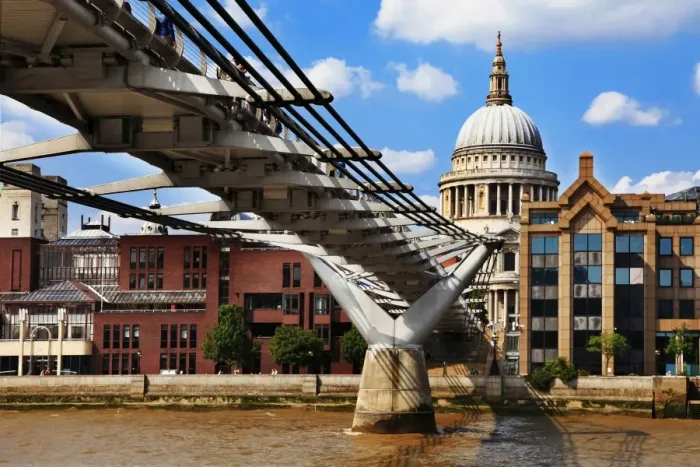 Framed Print : View of St Pauls Cathedral and the Millennium Bridge at River Thames, London, England Framed Print : View of St Pauls Cathedral and the Millennium Bridge at River Thames, London, England