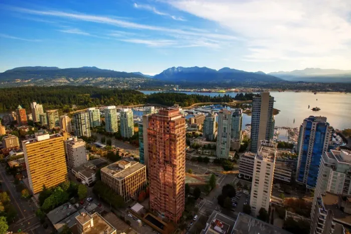Framed Print : View of Stanley Park, Vancouver Harbour, English Bay and the Surrounding Skyscrapers and Mountains, Vancouver, British Columbia, Canada