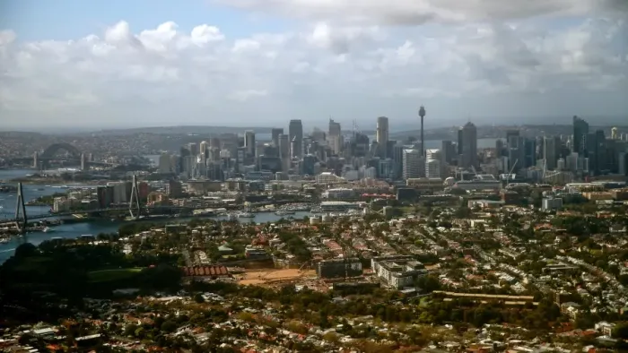 Framed Print : View of Sydney city centre from plane window
