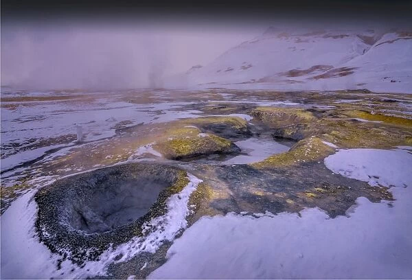 Volcanic activity during winter snowfall near Myvatn, Dimmuborgir, Iceland