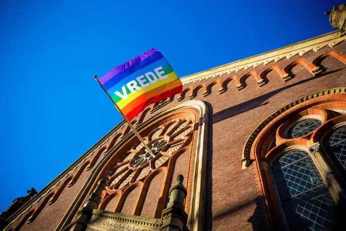Framed Print : Vrede (PEACE) Words on LGBT Flag Outside a Church, Hague, Netherlands