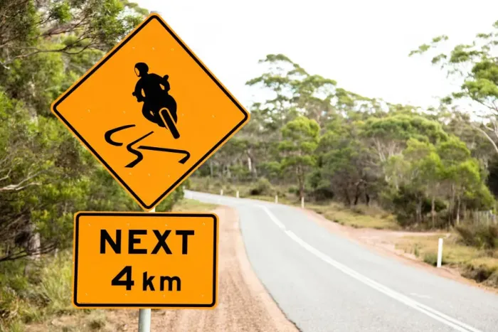Framed Print : Warning sign for motor bikes. Tasmania. Australia