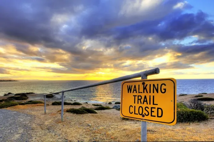Framed Print : Warning Signage of Walking Trail Closed Framed Print : Warning Signage of Walking Trail Closed