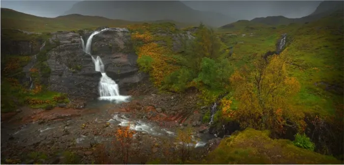 Framed Print : Waterfall in mist, Glen Etive, Scottish highlands