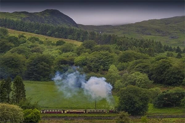 Welsh railway and puffing engine pulling carriages, northern Wales, United Kingdom