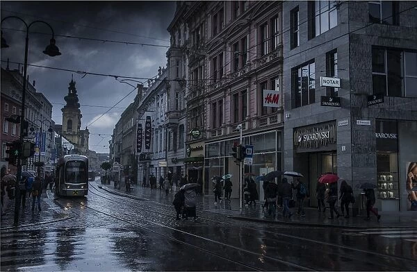 A wet and rainy day in the city streets of Linz, Upper Austria