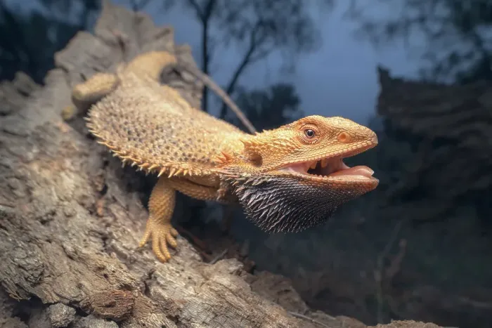 Framed Print : A wild central bearded dragon (Pogona vitticeps) posing on a fallen tree at night with mouth open in defensive posture, Australia Framed Print : A wild central bearded dragon (Pogona vitticeps) posing on a fallen tree at night with mouth open in defensive posture, Australia