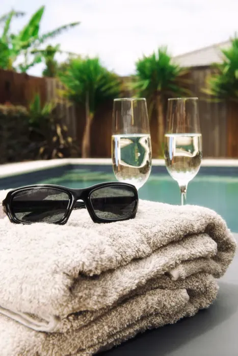 Framed Print : wine by the pool