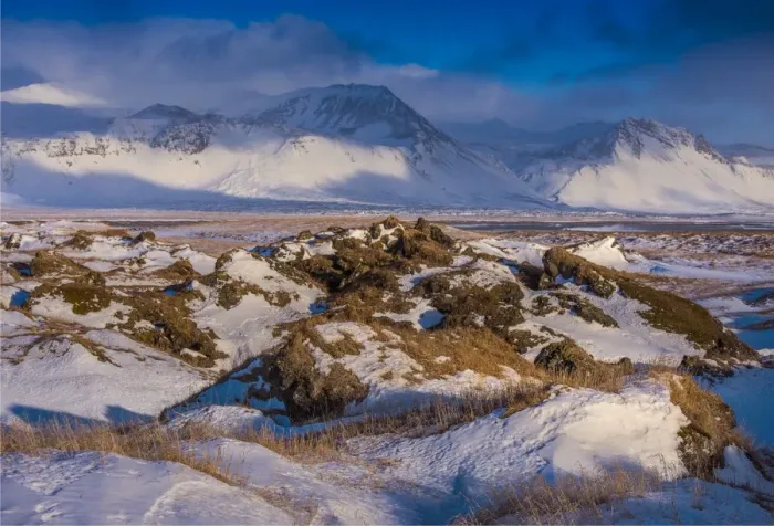 Framed Print : Winter scene on the coastline at Budir, Snaefellness, Iceland