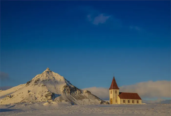 Framed Print : Winter scene and historic church, Arnarstapi, Snaefellness, Iceland