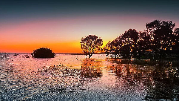 Winter-time and the first light of dawn on the shores of Lake Colac, Western District, Victoria, Australia
