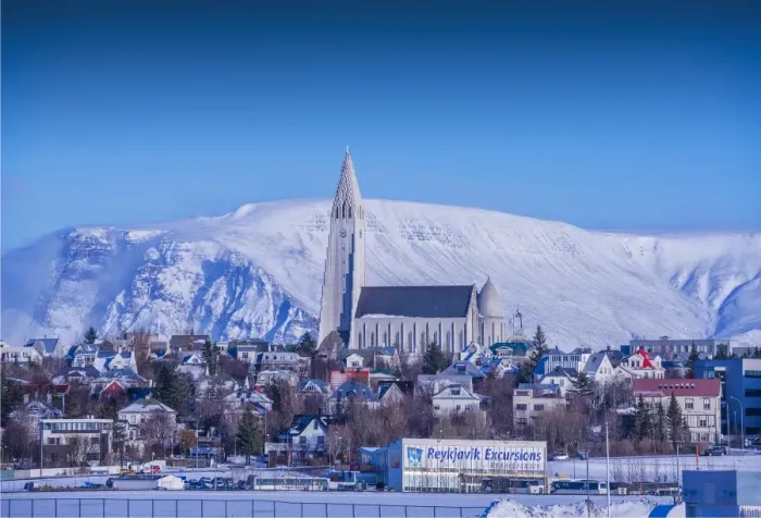 Framed Print : Winter-time and the Reykjavik cathedral in Iceland