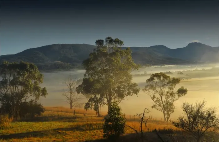 Framed Print : Winters morning with mist rising at dawn in the Huon Valley in southern Tasmania