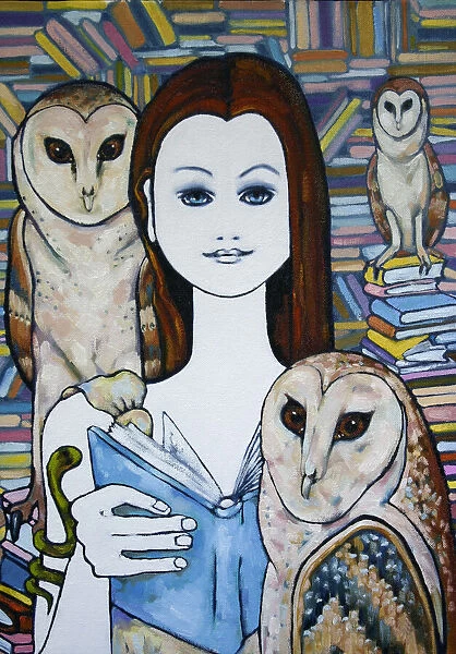 Woman with Owls and Books