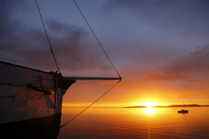 Framed Print : Wooden sailing boat and sunrise Framed Print : Wooden sailing boat and sunrise