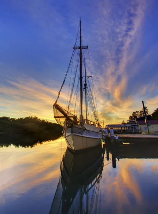 Framed Print : Yacht Sunrise Reflection