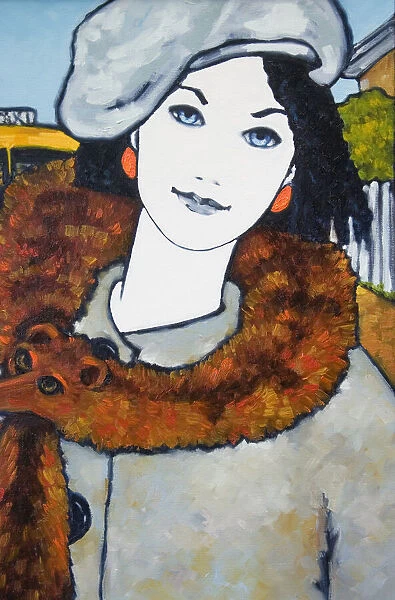 Young Woman with Fox Fur Portrait Oil Painting