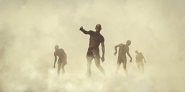 Zombie men approaching through mist
