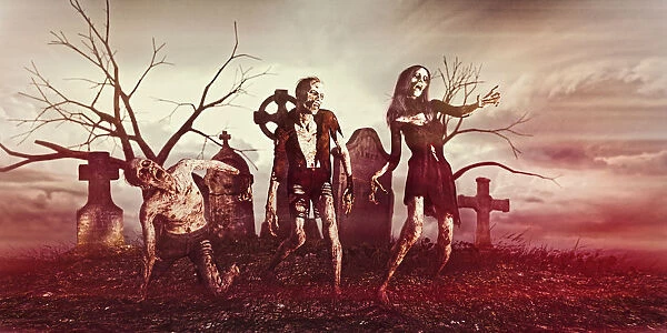 Zombies at night in spooky cemetery