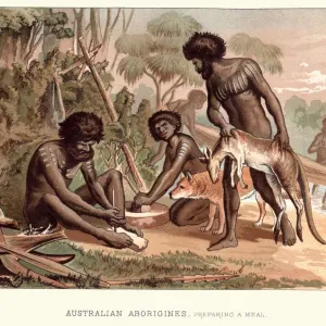 Les peuples autochtones préparant un repas, Australie du 19e siècle.