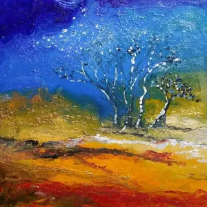 An abstract acrylic painting of trees in the desert full of texture and light An abstract acrylic painting of trees in the desert full of texture and light
