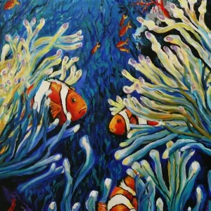 An acrylic painting of three clownfish dancing in the safety of their anemones An acrylic painting of three clownfish dancing in the safety of their anemones