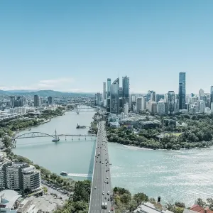 Aerial photo looking along a highway leading towards Brisbane city centre, Queensland, Australia