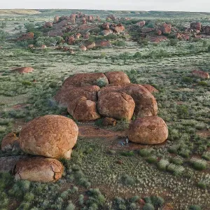 Aerial shot showing The Devils Marbles, Northern Territory, Australia