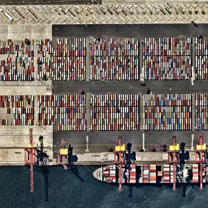 Aerial view, Australia, Botany Bay, City, Cityscape, colored tetris, container ship, geometry shapes, multi-colored sea containers, New South Wales, Outdoors, Overhead View, Photography, pier, Port Botany, port cranes, port machinery, shelves for shipping