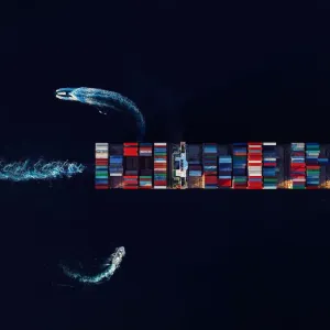 Vue aérienne d'un navire cargo chargé de conteneurs étant instruit par deux bateaux pilotes.