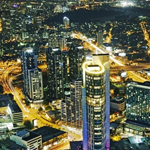Aerial view of the city centre of Melbourne at dusk