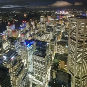 Aerial view of downtown Sydney at dusk