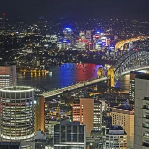 Aerial view of downtown Sydney illuminated at night