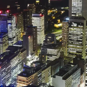 Aerial view of downtown Sydney illuminated at night