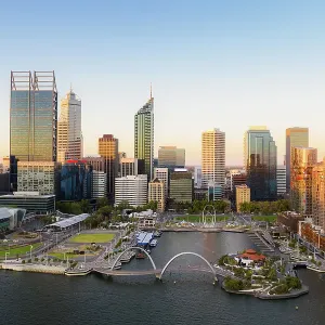 Aerial view of Elizabeth Quay waterfront during sunset in Perth, Western Australia state, Australia Aerial view of Elizabeth Quay waterfront during sunset in Perth, Western Australia state, Australia