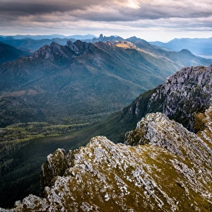Aerial view to Federation Peak and Eastern Arthurs Range over West Portal in Southwest Tasmania