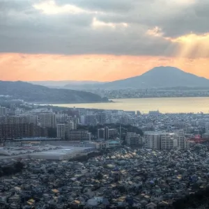 Aerial view of Fukuoka at sunset