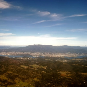 Aerial view of Hobart, forests and mt. Wellington