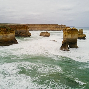 Aerial view of Limestone formations east of Loch Ard Gorge, 12 Apostles, Great Ocean Road, Victoria