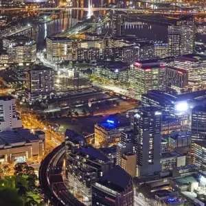 Aerial view of Melbournes docklands area at night