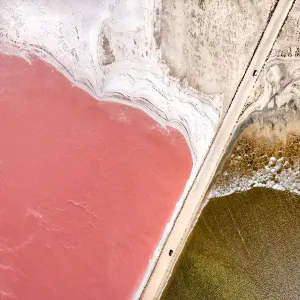 Aerial view over a pink salt lake in South Australia