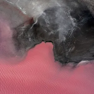 Aerial view point of the multiple colors, patterns and textures over Pink Lake waters