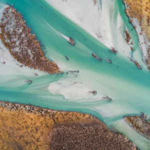 Aerial view of river flowing with turquoise colors Aerial view of river flowing with turquoise colors